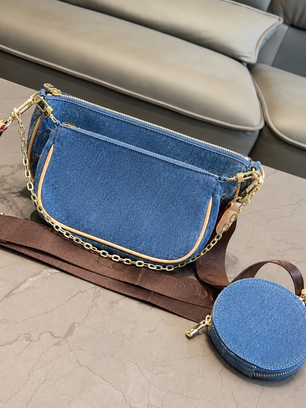LUXURY~Blue Denim Crossbody Bag with Gold Chain Accent